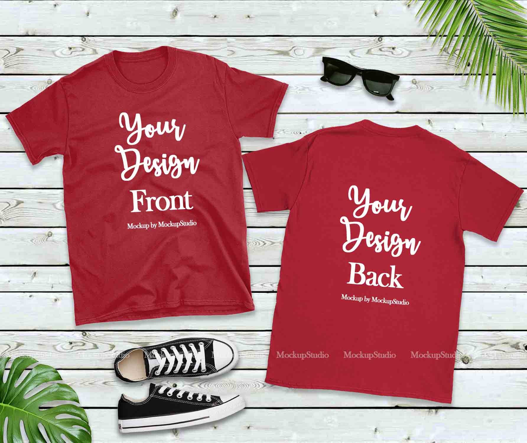 Download Front & Back Blank Tshirt Mockup Red Shirt Mock Up Double ...