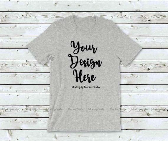Athletic Heather Grey T Shirt Mock Up Wood Background Bella Etsy