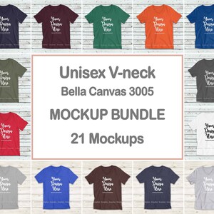 May include: A mockup bundle of 21 v-neck t-shirts in various colors, including navy, maroon, green, orange, blue, olive, red, gray, brown, and white. The shirts are laid out on a white wood background. The text "Unisex V-neck Bella Canvas 3005 MOCKUP BUNDLE 21 Mockups" is displayed in the center of the image.
