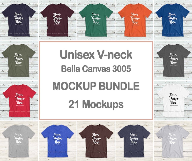 May include: A mockup bundle of 21 v-neck t-shirts in various colors, including navy, maroon, green, orange, blue, olive, red, gray, brown, and white. The shirts are laid out on a white wood background. The text "Unisex V-neck Bella Canvas 3005 MOCKUP BUNDLE 21 Mockups" is displayed in the center of the image.