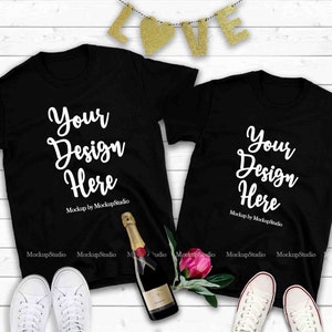 Paar twee zwarte T-Shirts Mockup, Valentine Shirt Mock Up, zijn en haar Gildan 64000 platte Lay, bijpassende vriend vriendin Engagement Tees