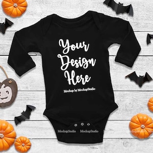 Halloween Newborn Black Blank Baby Long Sleeve Bodysuit Mockup, Toddler Fall Flat Lay Infant Shirt Mock Up, Baby Tee Mockup Onepiece Display