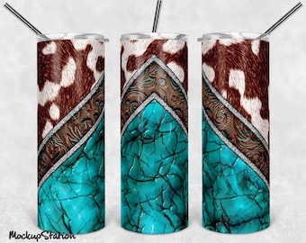 Cowhide 20oz Skinny Tumbler Design Sublimation PNG, Turquoise Print Western Tumbler Digital Download Template