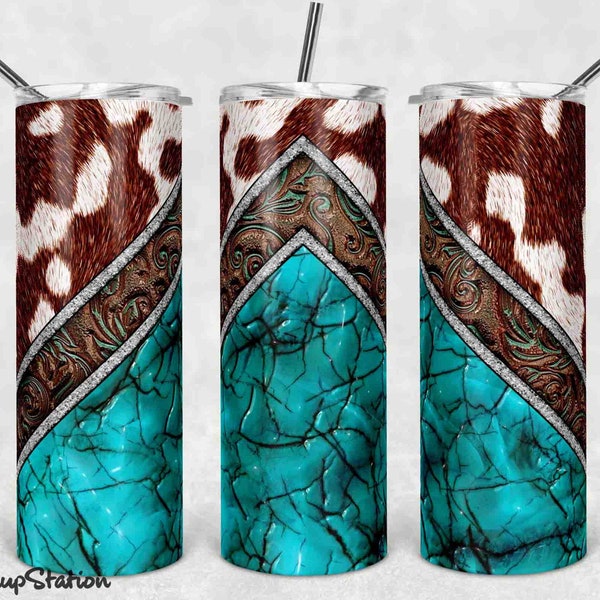 Rustic Cowhide Leather Turquoise Tumbler