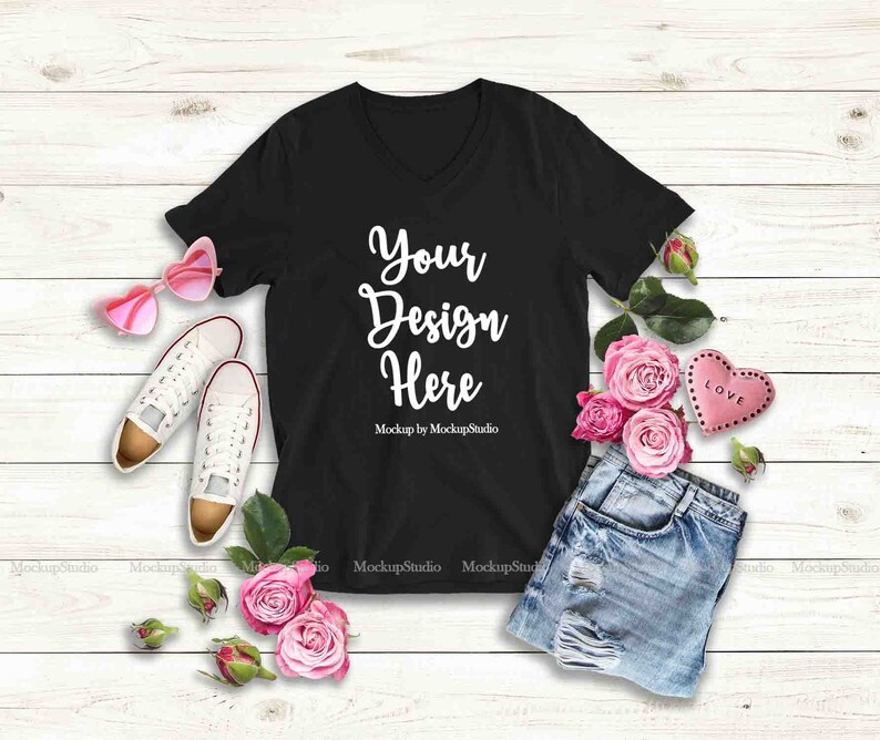 Download Valentine's Day Women T-Shirt Mock Up Black Blank V-Neck | Etsy