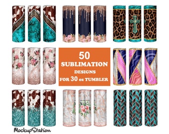 May include: 50 sublimation designs for 30 oz tumblers. The designs feature various patterns, including marble, cheetah print, glitter, and floral.