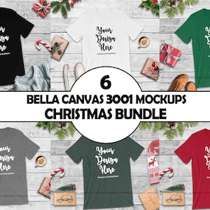 Bella Canvas 3001 Christmas Tshirt Mockup Bundle, 6 Winter Holiday Shirt Mock Up Flat Lay