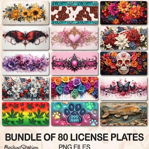 May include: A collection of 80 license plates with various designs. The plates feature floral arrangements, butterflies, skulls, cowhide patterns, and patriotic themes. The plates are in PNG file format.