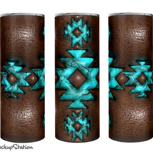 3D Inflated Puffy Western Tumbler Wrap, Puff Turquoise and Leather Design Sublimation PNG, 20oz Skinny Digital Download