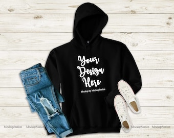 Black Hoodie Mock Up, Gildan 18500 Heavy Blend Hooded Sweatshirt Mockup Flat Lay