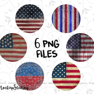 May include: Six digital paper designs featuring different variations of the American flag on a woodgrain background. The designs include a traditional American flag, a distressed American flag, a bandana pattern, and a red, white, and blue striped pattern.