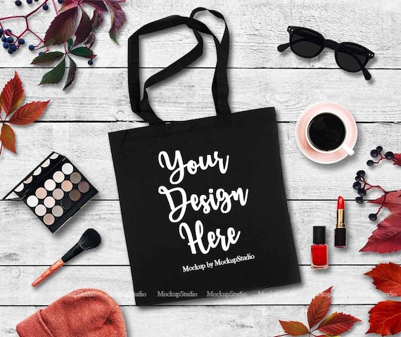Autumn Black Tote Bag Mockup, Flat Lay (Digital Download)