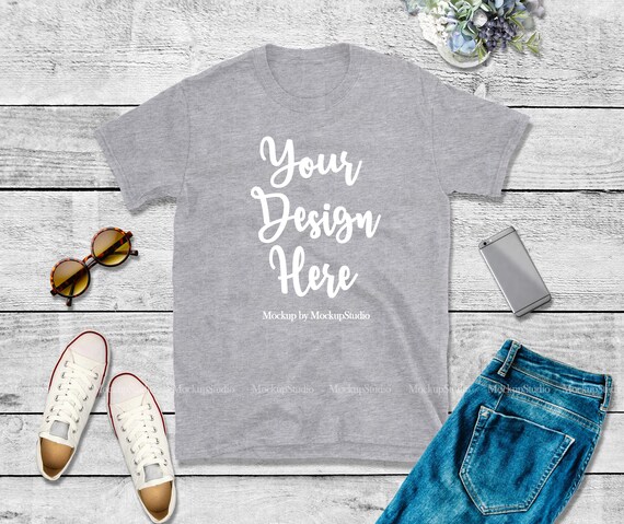 Download Gray Tshirt Mockup Gildan 64000 Blank Styled Gray T Shirt Etsy