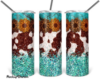 Cowhide Tumbler PNG Design Sublimation Wrap, Sunflower Glitter Western 20oz Skinny Digital Download