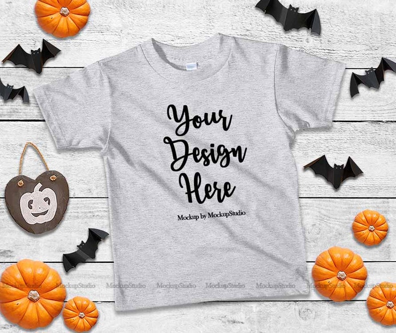 Halloween Kids Gray Tshirt Mockup Fall T-shirt Flat Lay ...
