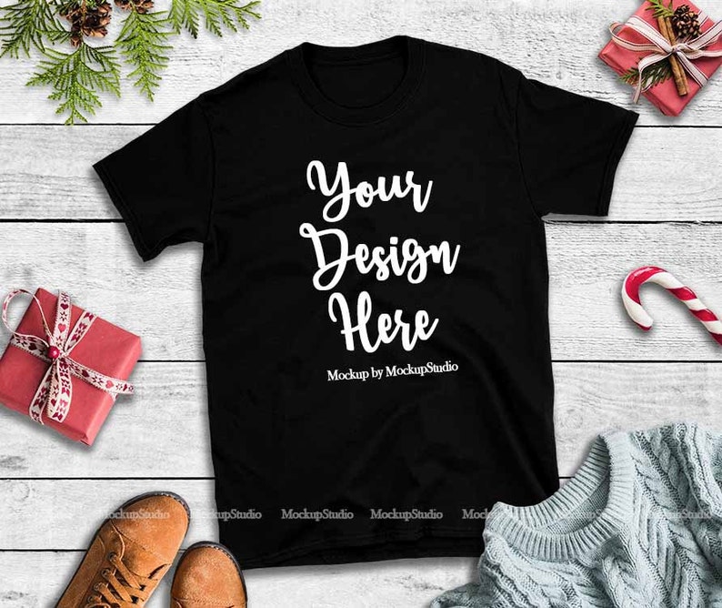Download Christmas Black T-Shirt Mockup Gildan 64000 Tshirt Flat ...