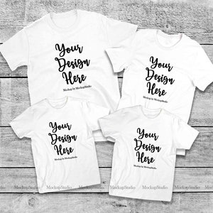 Matching Family T-Shirts Mockup, Unisex Women Youth Teen 4 White Shirt Set, Parents Siblings Group Tee Flat Lay Mock Up