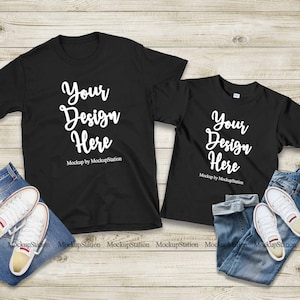 Matching Family Two Black T-Shirts Mockup, Gildan 64000 Mommy And Me Tshirt  Mock Up, Unisex Parents Kids Shirt Flat Lay