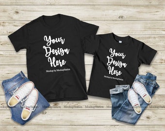 Matching Family Two Black T-Shirts Mockup, Gildan 64000 Mommy And Me Tshirt  Mock Up, Unisex Parents Kids Shirt Flat Lay