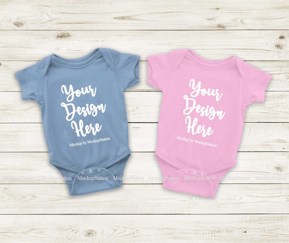 Two Baby Bodysuits Mockup Matching Blue Pink Blank Infant One Etsy