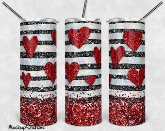 Valentine Glitter Heart 20oz Skinny Sublimation Tumbler Design PNG File Digital Download Template