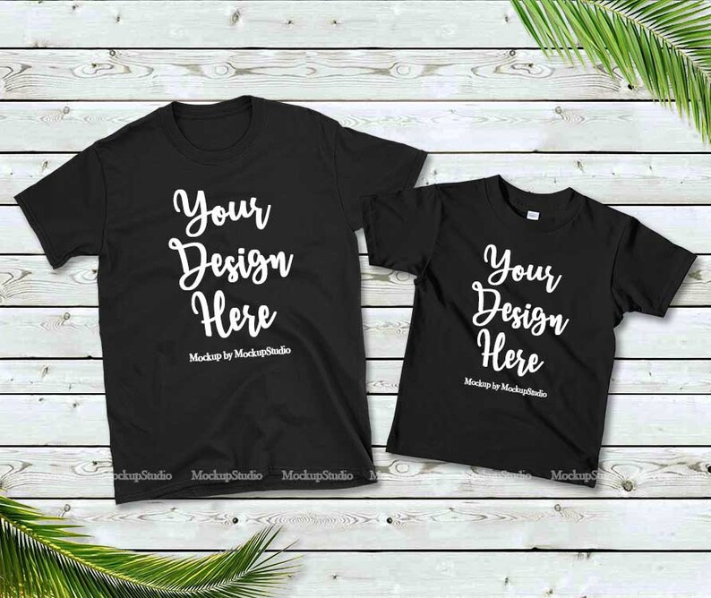 Download Family Two Black T-Shirts Mockup Gildan 64000 Group Double ...