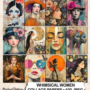 Puede incluir: Una colección de doce papeles de collage caprichosos con retratos de mujeres. La obra de arte presenta una variedad de estilos, incluyendo retratos con acentos florales y diseños abstractos. El texto "WHIMSICAL WOMEN COLLAGE PAPERS • 100 JPEG" está en la parte inferior.