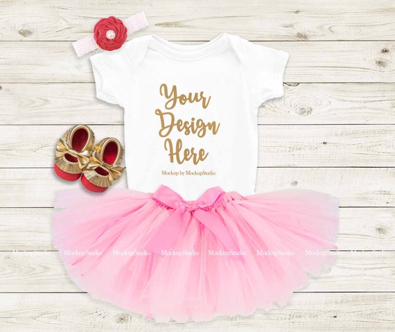 Baby Girl White Onepiece Mockup Baby White Bodysuit Pink Tutu Etsy