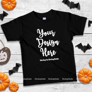 Halloween Kids Black Tshirt Mockup, Fall T-shirt Flat Lay, Kids American Apparel 2105 Teen Youth Shirt Mock Up, Autumn Halloween Tee Display