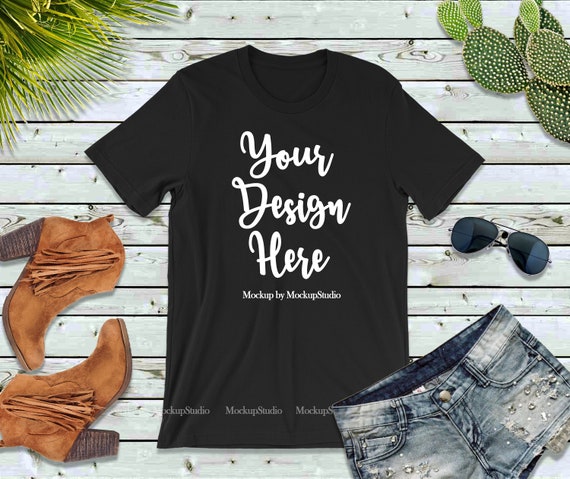 Unisex Women Youth White Gray Black Tee Set Light Wood Background Bella Canvas 3001 Shirt Flat Lay Mock Up Multiple Color T-Shirts Mockup