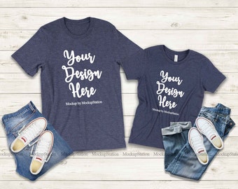 Mommy And Me Heather Navy Tshirt Mockup, Matching Family T-Shirts Mock Up, Bella Canvas 3001 3001Y, Unisex Parents Kids Shirt Flat Lay