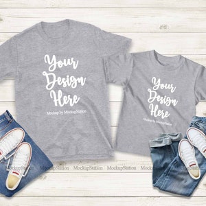 Matching Family Two Grey T-Shirts Mockup, Gildan 64000 Mommy And Me Tshirt  Mock Up, Unisex Parents Kids Shirt Flat Lay