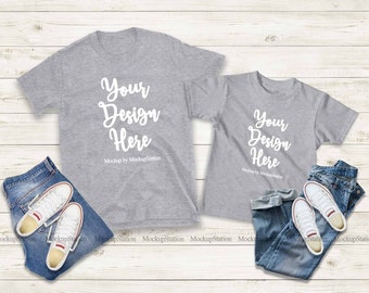 Matching Family Two Grey T-Shirts Mockup, Gildan 64000 Mommy And Me Tshirt  Mock Up, Unisex Parents Kids Shirt Flat Lay