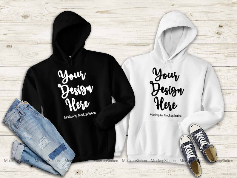 Download Matching Black White Hoodie Mock Up Couple Gildan 18500 Heavy | Etsy