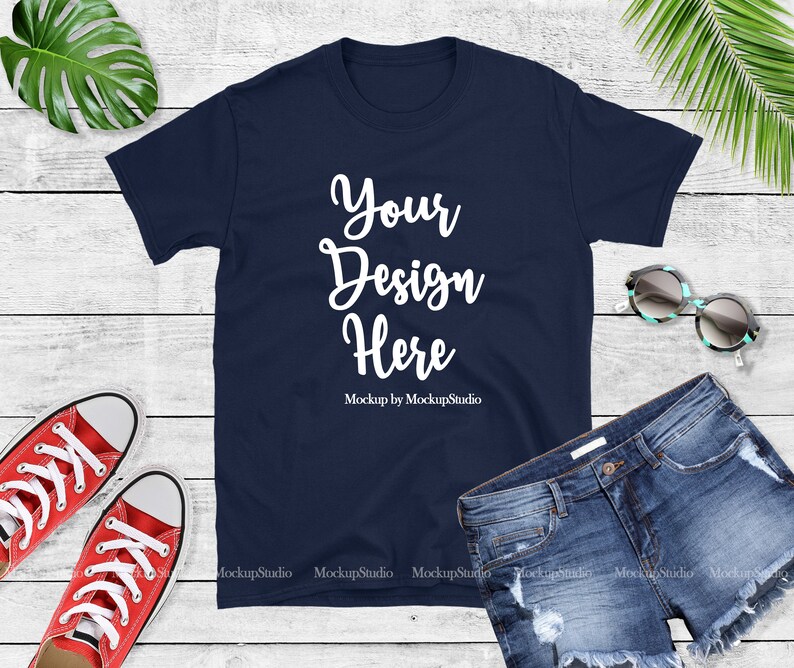 Download Gildan 64000 Navy Blank Tshirt Mockup Summer Style Shirt ...