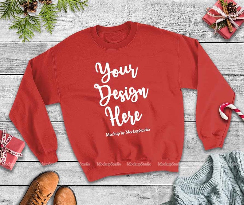 Christmas Red Sweatshirt Mockup Gildan Heavy Blend Crewneck Sweatshirt 18000 Mock Up Unisex Women Youth Winter Holiday Flat Lay Display