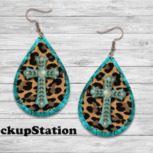 Christian Earring Sublimation Design, Teardrop Template Download, Drop Earring Turquoise Cheetah PNG Template