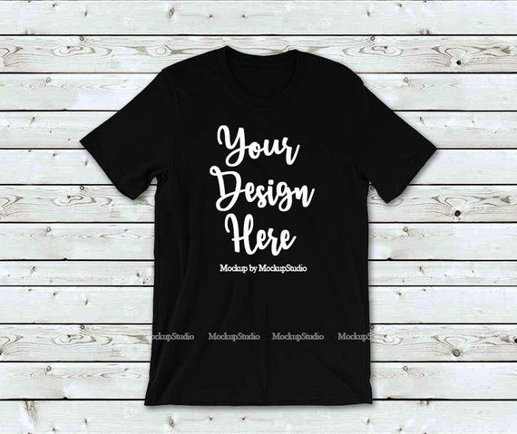 Download Black T Shirt Mock Up Wood Background Bella Canvas 3001 Etsy