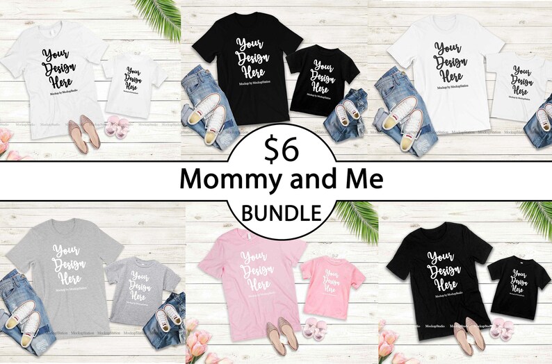 K&ouml;nnte beinhalten: Mommy and Me T-Shirt-Bundle mit sechs verschiedenen Farbkombinationen. Die Shirts sind alle kurz&auml;rmelig und haben einen Rundhalsausschnitt. Der Text "Your Design Here" ist auf jedem Shirt aufgedruckt.