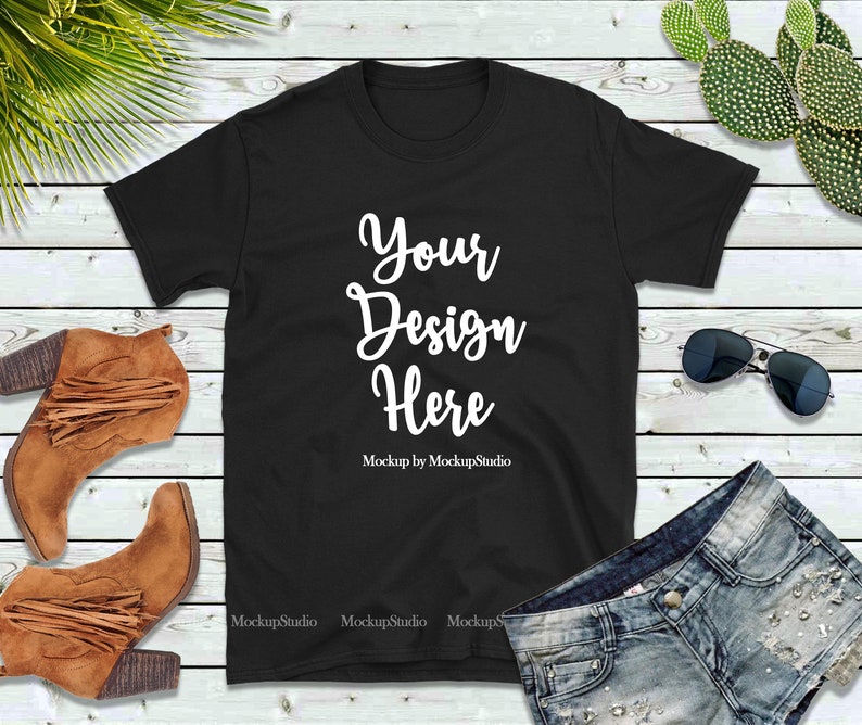 Download Gildan 64000 Black Blank Tshirt Mockup Styled T-Shirt Flat ...