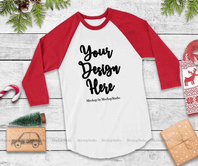 Download Christmas Raglan Mock Up Tultex Red White Baseball Tee ...