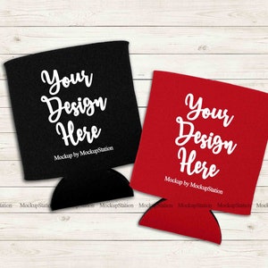 Two Black Red Can Coolers Mock Up, Wedding Favor Mockup, Bridesmaid Can Cover Flat Lay, Double Bride Groom Blank Stubby Holder Mockup