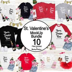 Valentine Tshirt Mockup Bundel, Valentijnsdag Shirts Mock Up, 10 Multi Colors Mock Up Collection, Unisex Vrouwen Koppel Baby Flat Lay Set