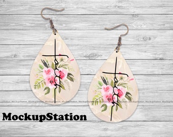 Christian Floral Cross Teardrop Earring PNG Template (Digital Download)