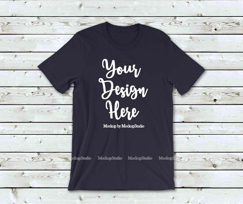 Download Navy T-Shirt Mock Up Wood Background Bella Canvas 3001 ...