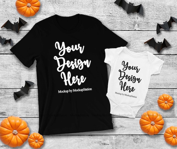Mommy  and Me Halloween Shirt Mockup, Matching Family Fall White Baby Bodysuit Unisex Black Bella Canvas 3001 T-Shirt Mock Up