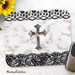 Christian Mouse Pad, Catholic Cross with Lace Mouse Mat Design Sublimation PNG, Digital Download