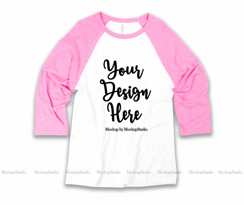 Download Pink BC 3200 Raglan Mockup Blank Baseball Shirt Flat Lay ...