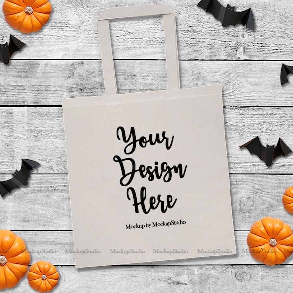 Halloween Tote Bag Mockup, Fall White Canvas Tote Flat Lay, Autumn Style Liberty Bag Mock Up, Unisex Women Youth Hand Tote Bag Display