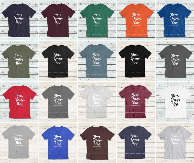 May include: A mockup of 20 different colored V-neck t-shirts with the text "Your Design Here" printed on each shirt. The shirts are arranged in a grid pattern on a white wood background.